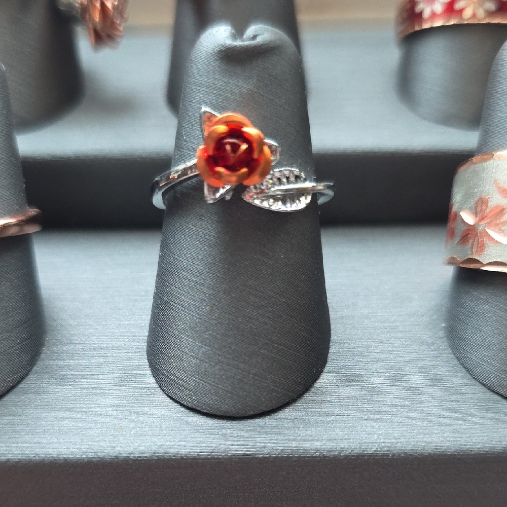 Silver Rose Ring with Orange Flower